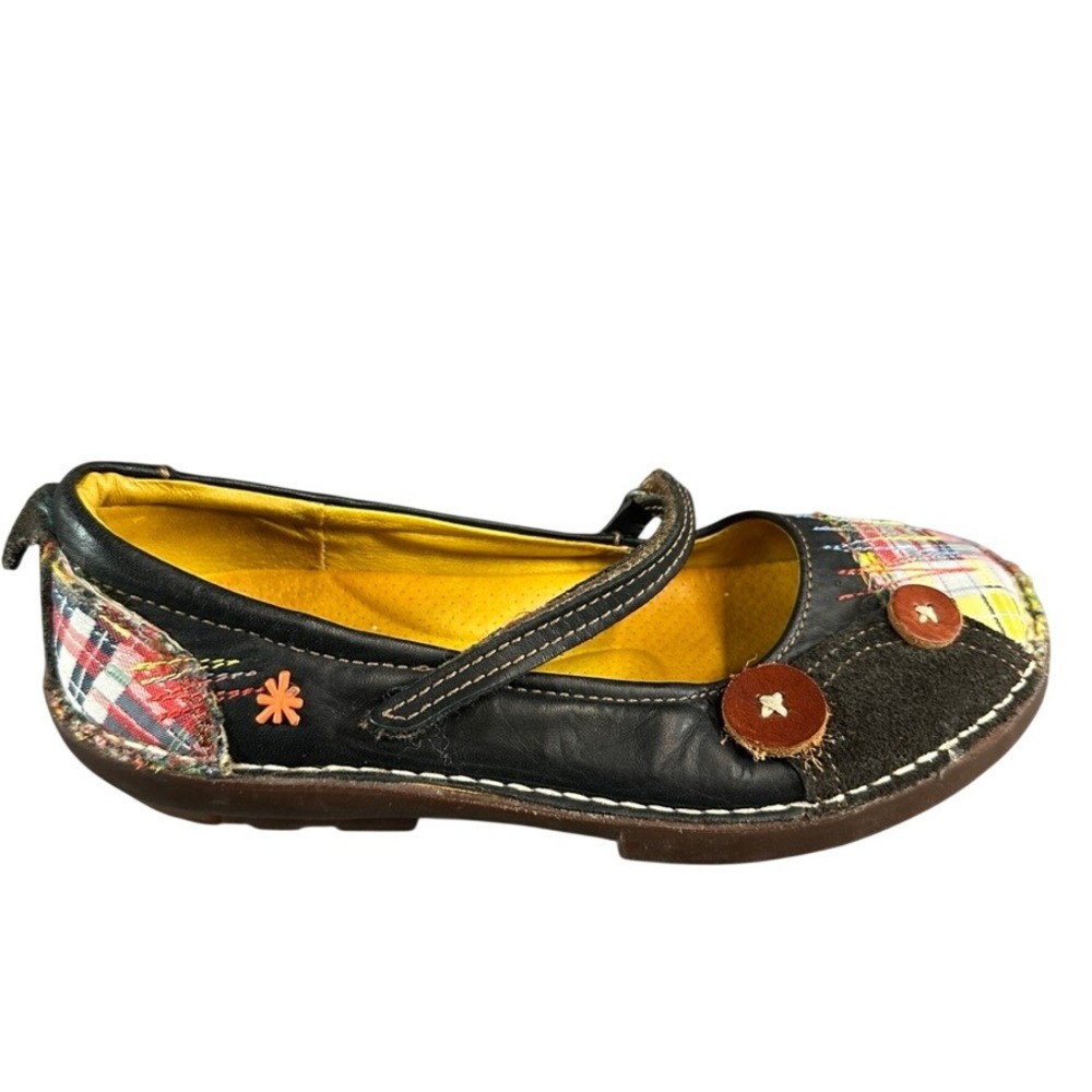 Art Company Mary Jane Flats Black Leather Plaid Patchwork Button Detail 7.5
